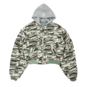 Bomber imbottito reversibile in 100% cotone con cappuccio e ricami 3D