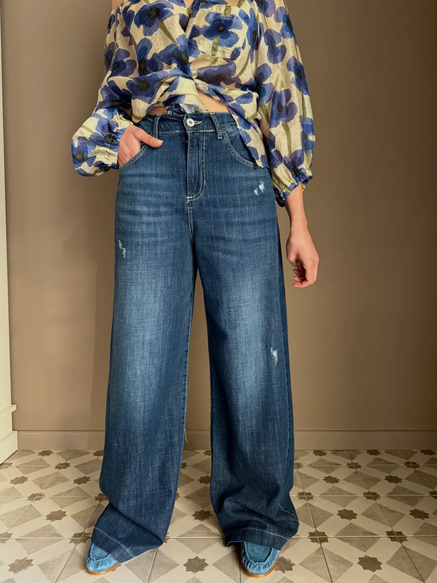 Pantalone denim con elastico wide-leg