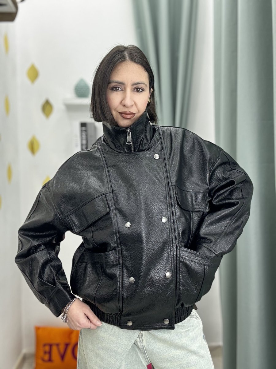 Giubbino Bomber Donna Nero in Similpelle Martellata – Vestibilità Comoda - immagine 3