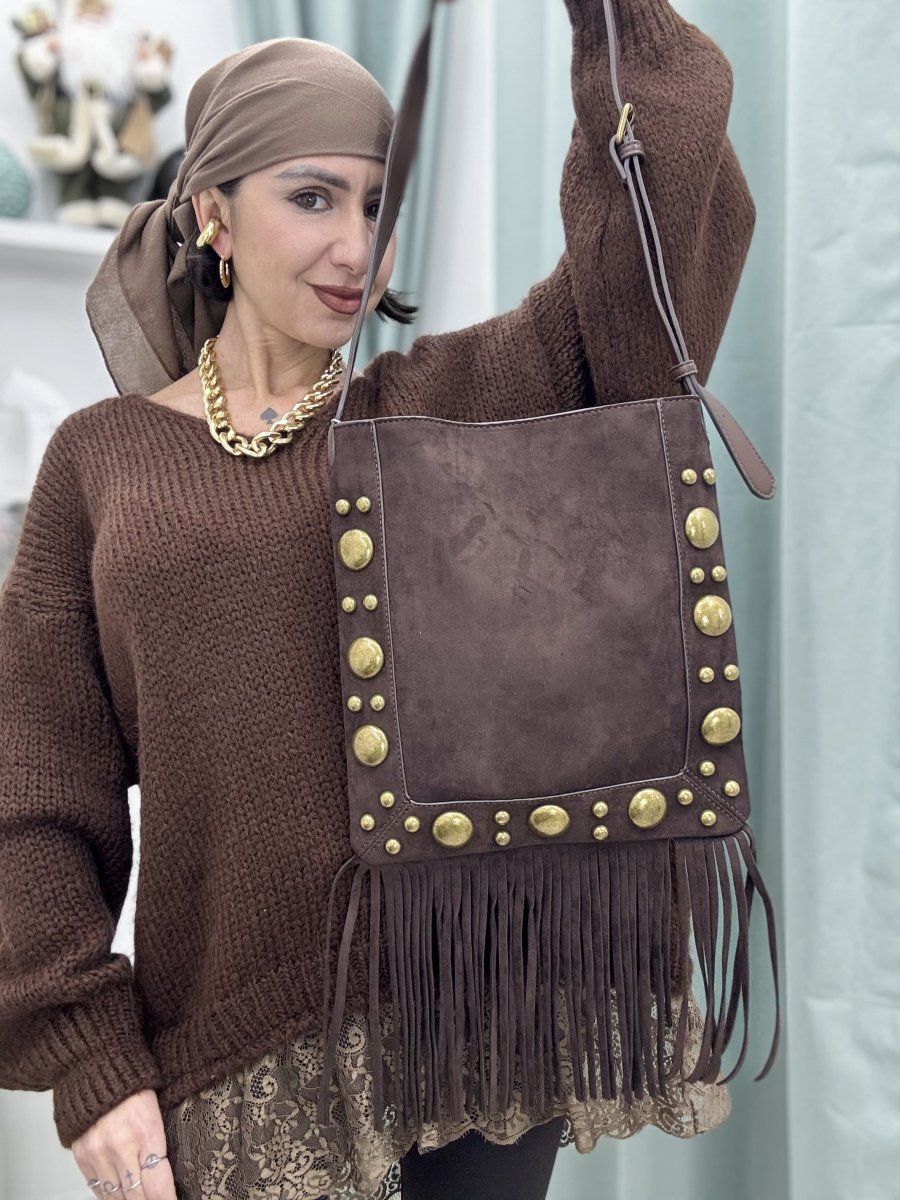 Borsa a spalla con frange e tracolla regolabile in similpelle e Alcantara - immagine 2