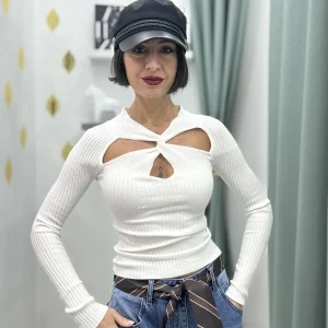 Maglia a coste elasticizzata con scollo incrociato – Taglia unica