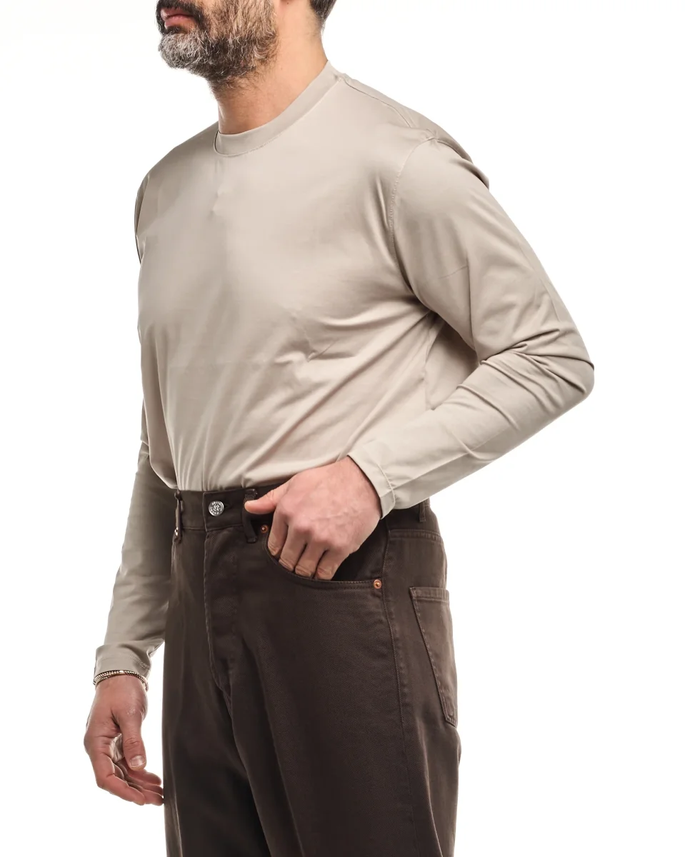 Shirt Regolare Manica Lunga Girocollo in Filo di Scozia Sabbia - immagine 3