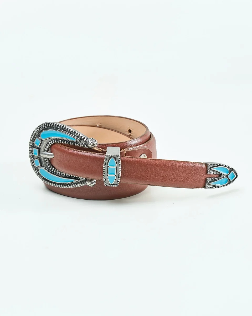 Cintura Smaltata con Pietre Azzurre in Pelle Cuoio - immagine 3